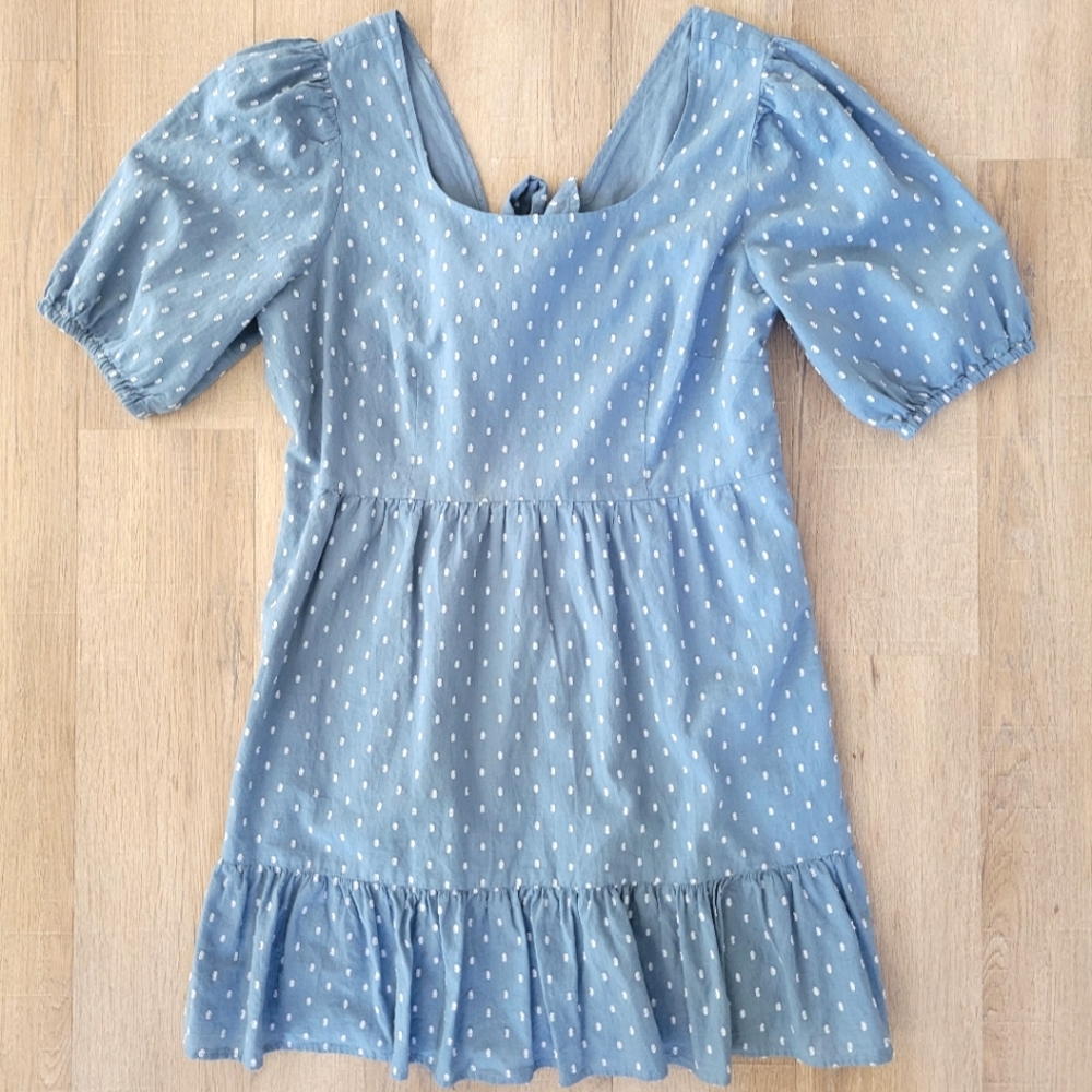 NWT Loft Puff Sleeve Tie Back Blue & White  polkadot mini dress sz 10 petite